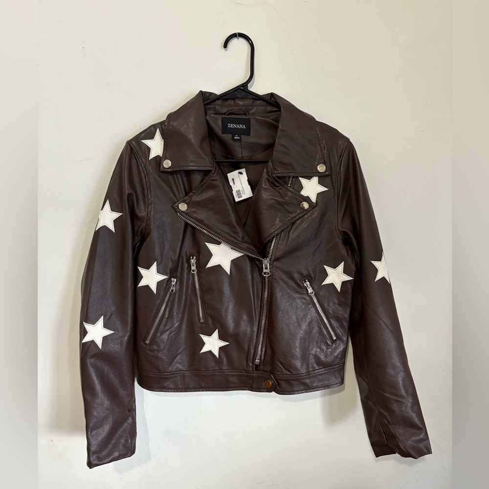 Zenana Outfitters Brown Leather Jacket with White Stars